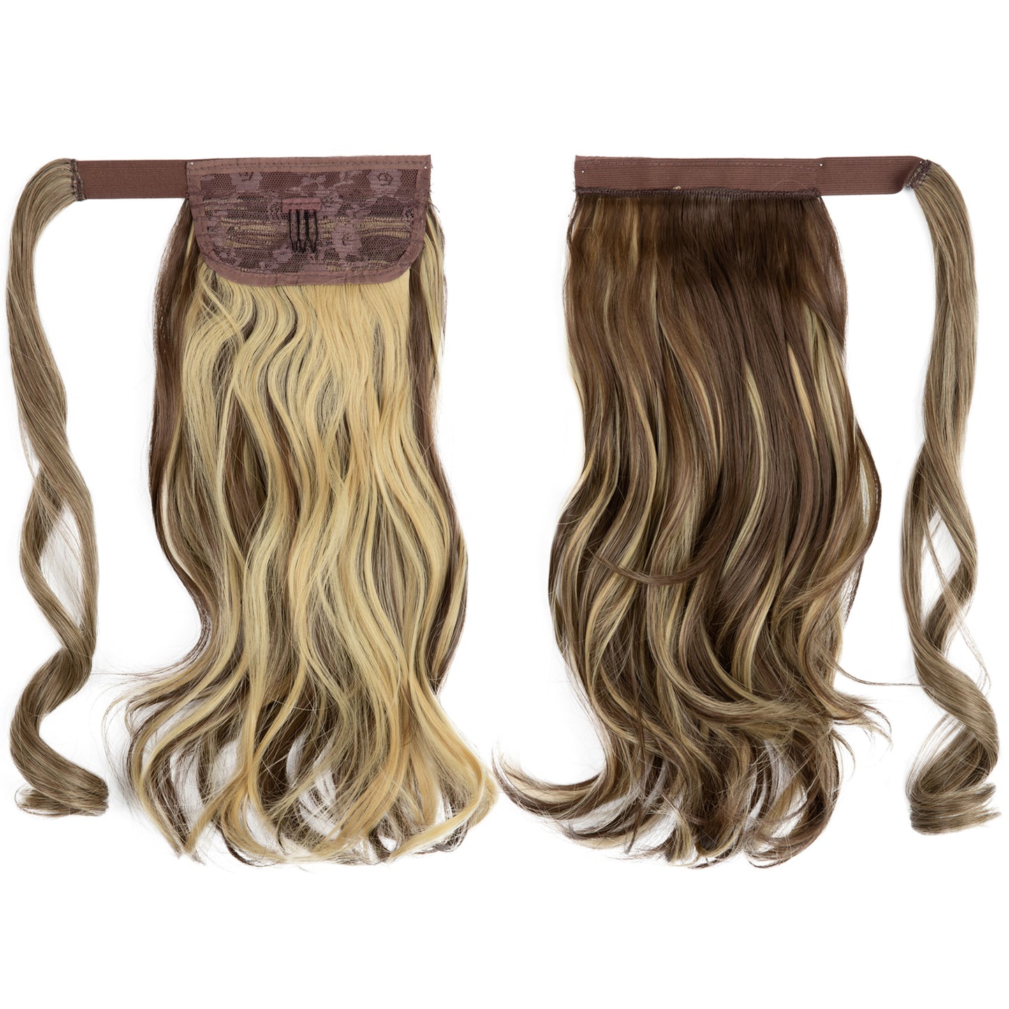 Wrap Around Long Curly Ponytail Brunette withButter Blonde Highlight 14in