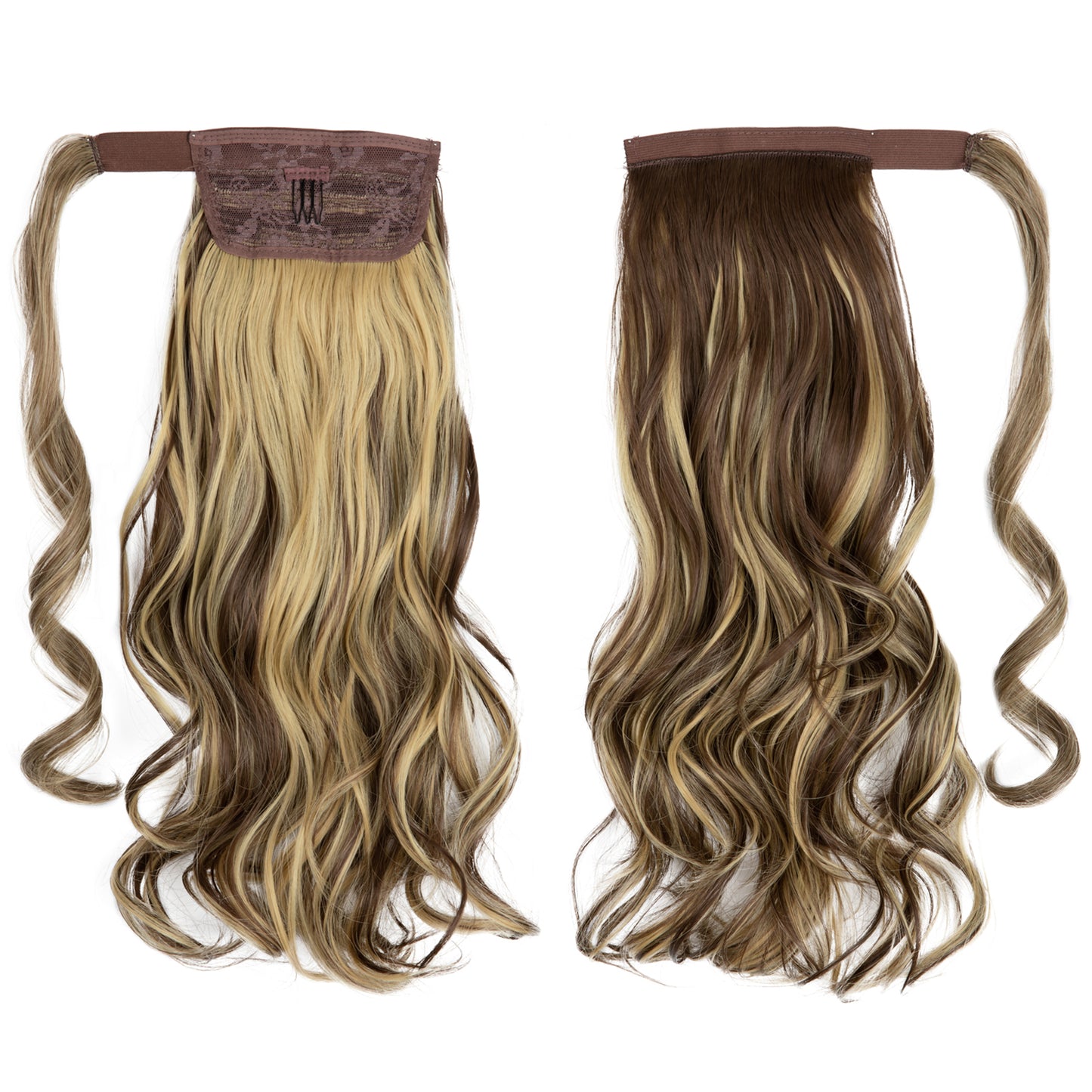 Wrap Around Long Curly Ponytail Brunette withButter Blonde Highlight 18in