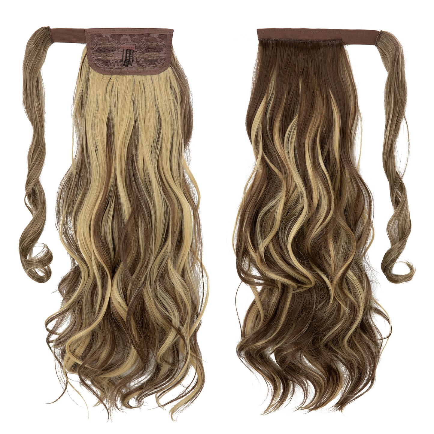 Wrap Around Long Curly Ponytail Brunette withButter Blonde Highlight 22in