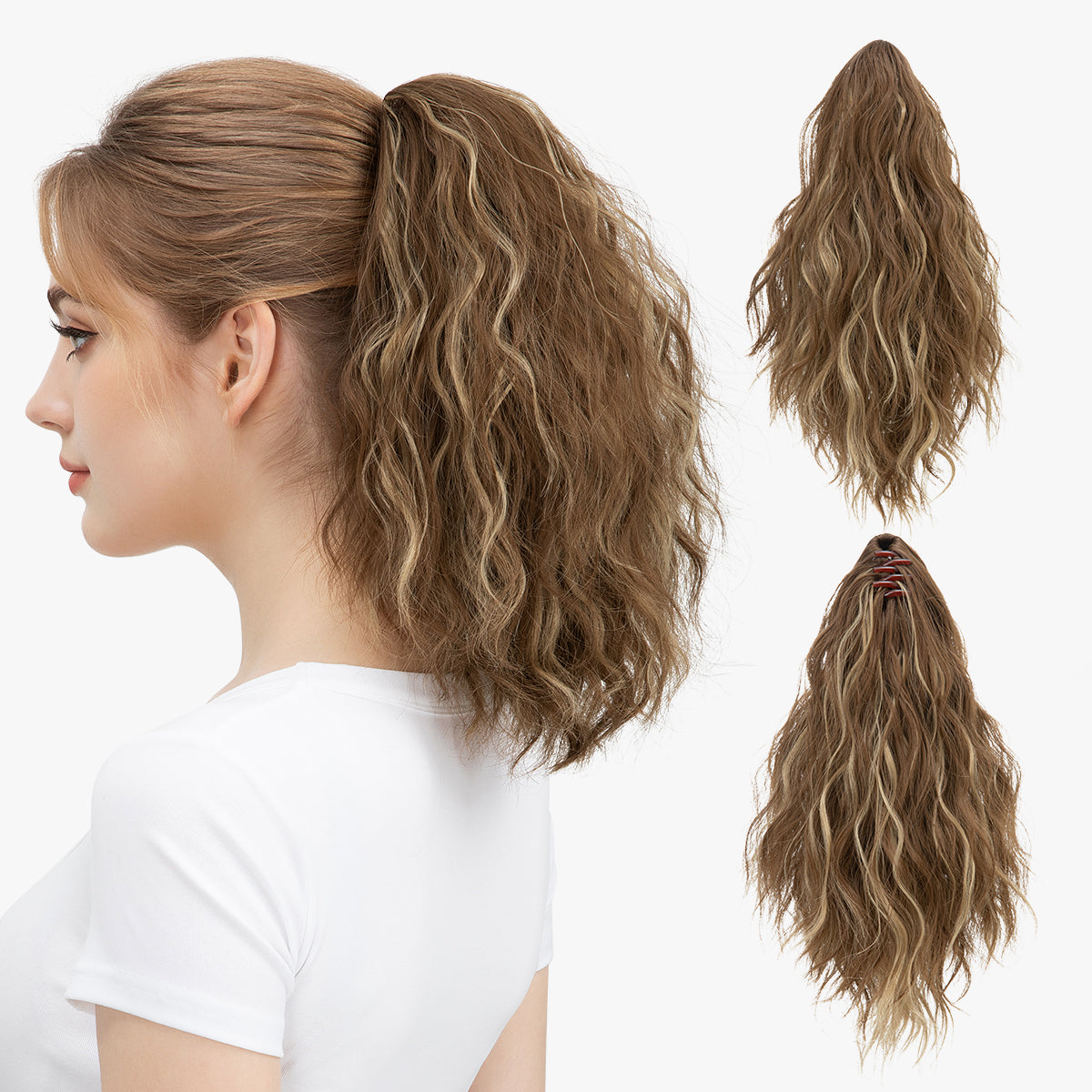 Claw Clip Short Ponytail Extension Wavy Ponytail Brunette Ash Blonde
