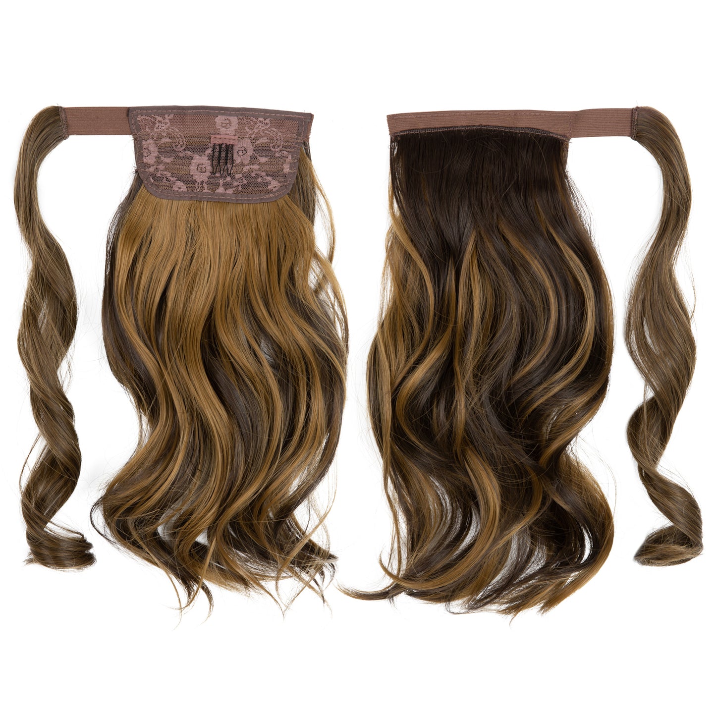 Wrap Around Long Curly Ponytail Dark Brown withHoney Blonde Highlight 14in