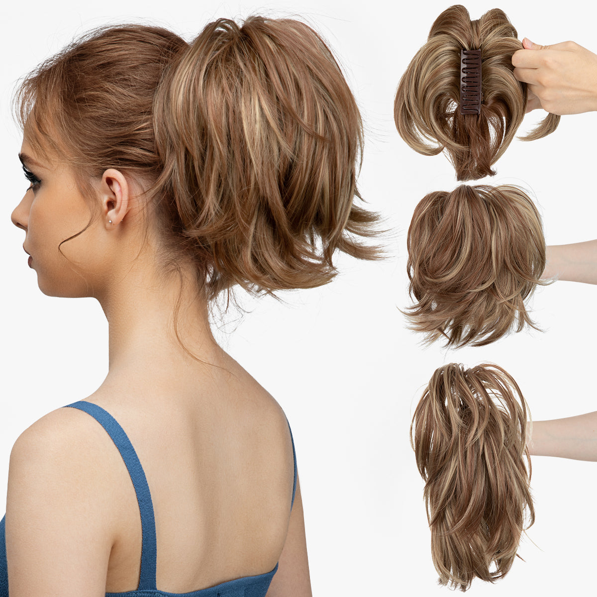 DIY Messy Claw Clip Short Ponytail Wig Medium Auburn Ash Blonde