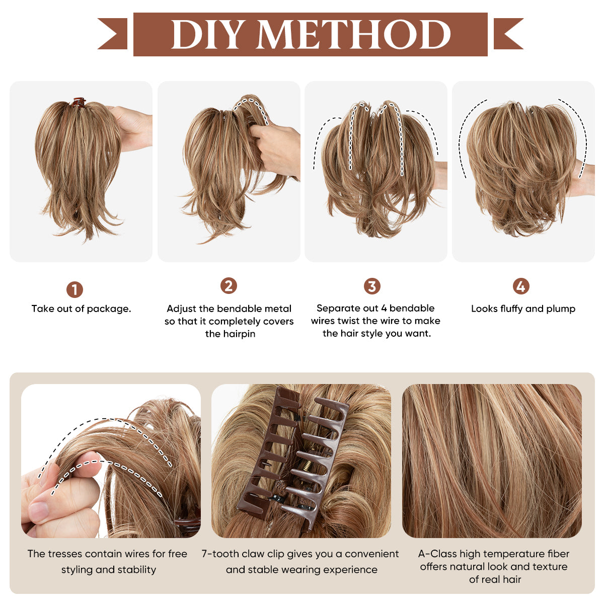 CJL HAIR Claw Clip Short Ponytail Hair Extensions DIY Bendable Metals Messy Bun Hair Piece for Wonen Straight Synthetic Fake Hairpieces Dirty Blonde
