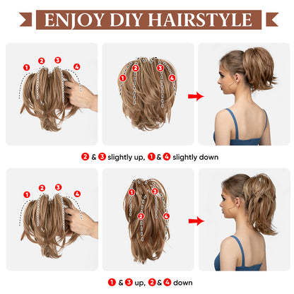 CJL HAIR Claw Clip Short Ponytail Hair Extensions DIY Bendable Metals Messy Bun Hair Piece for Wonen Straight Synthetic Fake Hairpieces Dirty Blonde