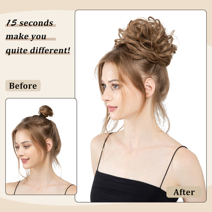CJL HAIR Large Messy Bun Hair Piece Wavy Curly Scrunchies Synthetic Chignon Ponytail Hair Extensions Thick Updo Hairpieces for Women Brown Black