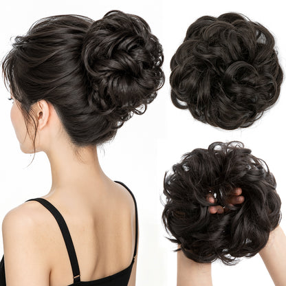 CJL HAIR Large Messy Bun Hair Piece Wavy Curly Scrunchies Synthetic Chignon Ponytail Hair Extensions Thick Updo Hairpieces for Women Brown Black