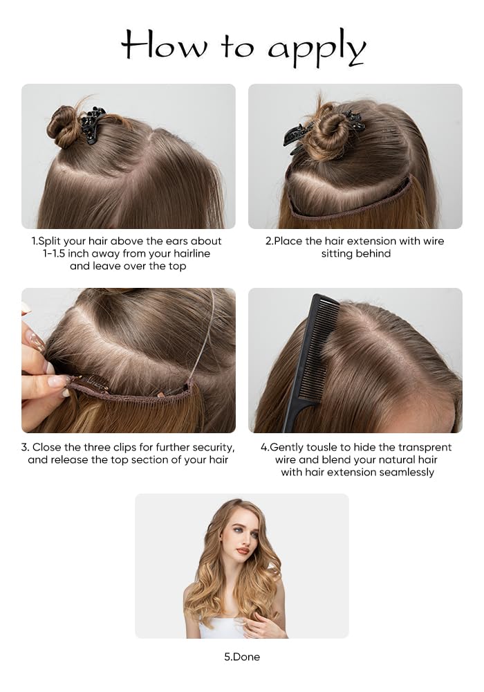 SARLA Ombre Invisible Wire Hair Extensions with 3 Clips Synthetic Wavy Curly Hairpiece Adjustable Transparent Headband for Women 16 Inch Brown to Ash Blonde
