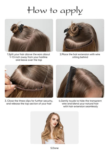 SARLA Ombre Invisible Wire Hair Extensions with 3 Clips Synthetic Wavy Curly Hairpiece Adjustable Transparent Headband for Women 16 Inch Brown to Ash Blonde