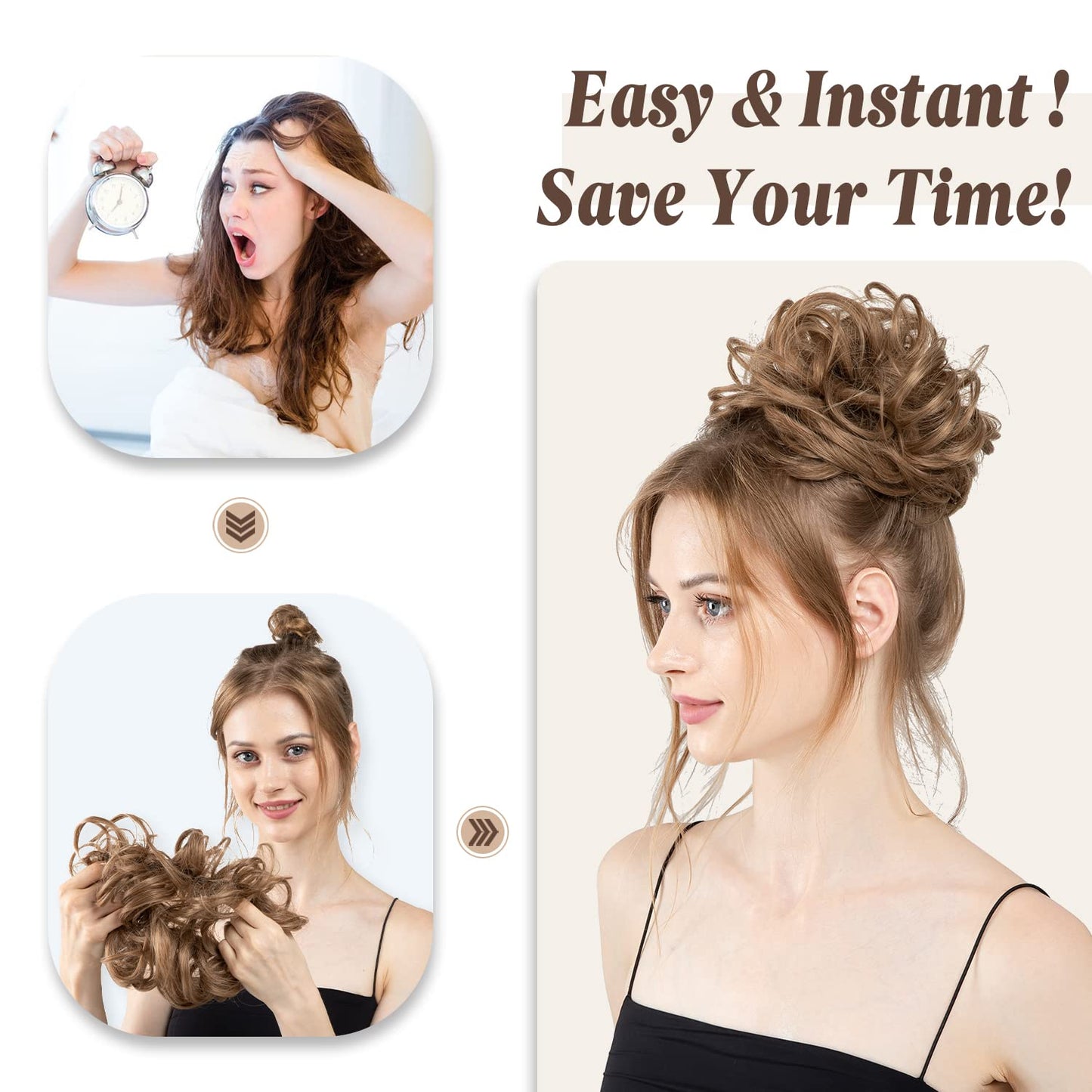 CJL HAIR Large Messy Bun Hair Piece Wavy Curly Scrunchies Synthetic Chignon Ponytail Hair Extensions Thick Updo Hairpieces for Women Brown Black