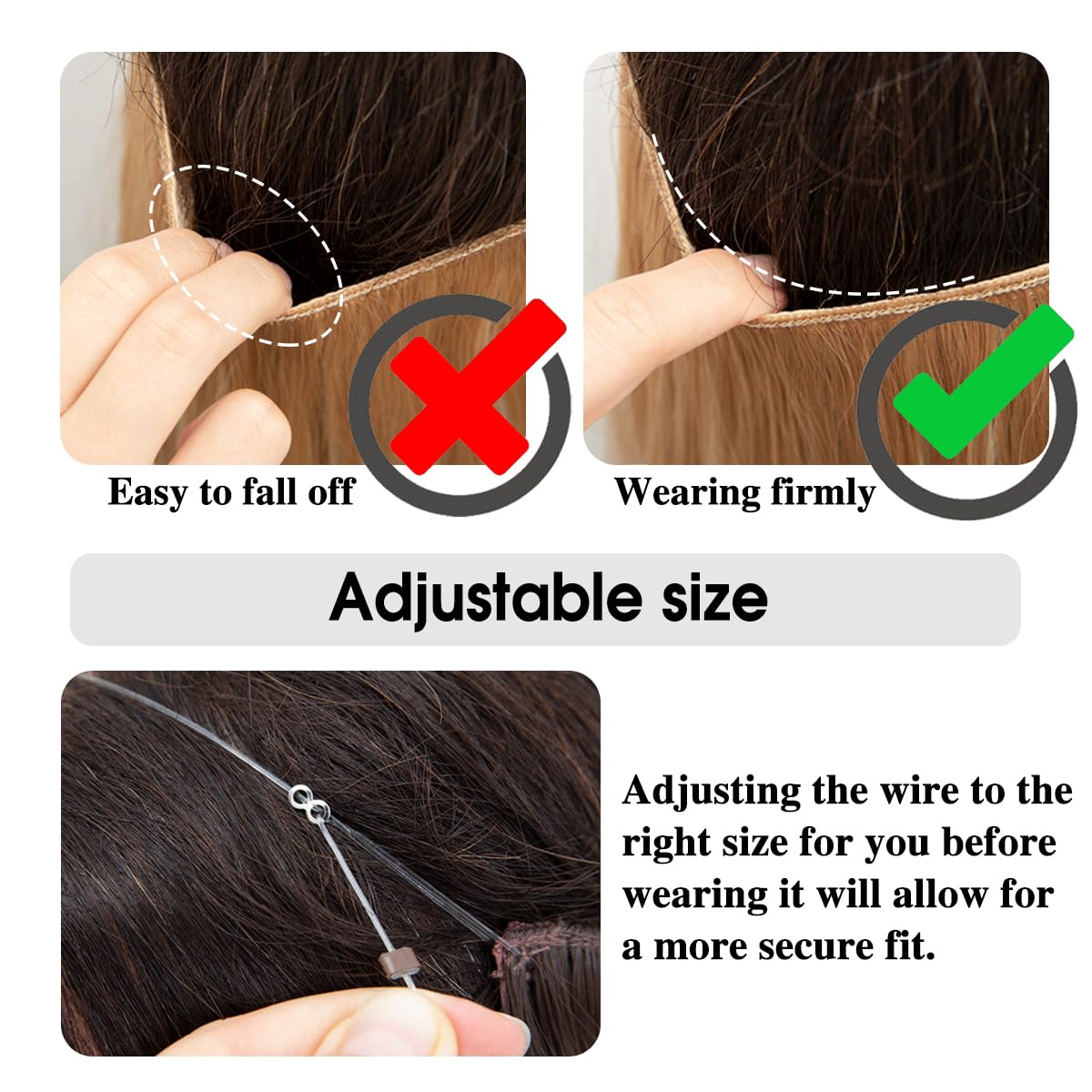 SARLA Ombre Invisible Wire Hair Extensions with 3 Clips Synthetic Wavy Curly Hairpiece Adjustable Transparent Headband for Women 16 Inch Brown to Ash Blonde