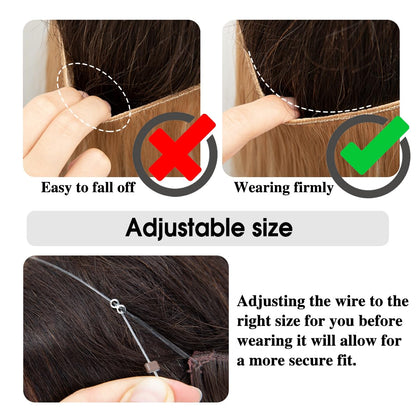 SARLA Ombre Invisible Wire Hair Extensions with 3 Clips Synthetic Wavy Curly Hairpiece Adjustable Transparent Headband for Women 16 Inch Brown to Ash Blonde