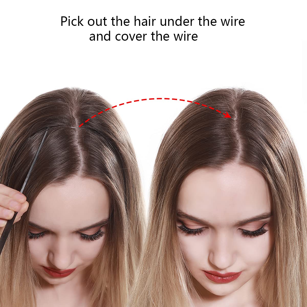 SARLA Ombre Invisible Wire Hair Extensions with 3 Clips Synthetic Wavy Curly Hairpiece Adjustable Transparent Headband for Women 16 Inch Brown to Ash Blonde