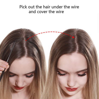 SARLA Ombre Invisible Wire Hair Extensions with 3 Clips Synthetic Wavy Curly Hairpiece Adjustable Transparent Headband for Women 16 Inch Brown to Ash Blonde