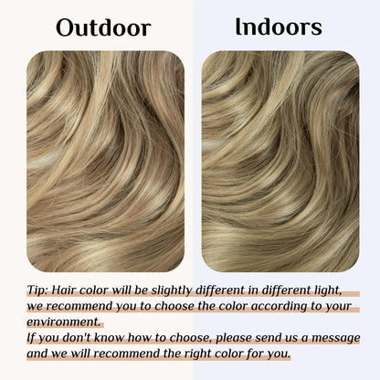 SARLA Ombre Invisible Wire Hair Extensions with 3 Clips Synthetic Wavy Curly Hairpiece Adjustable Transparent Headband for Women 16 Inch Brown to Ash Blonde