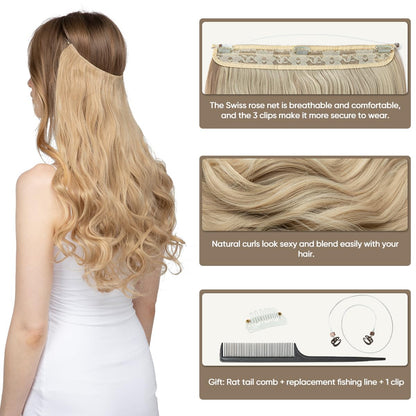 SARLA Ombre Invisible Wire Hair Extensions with 3 Clips Synthetic Wavy Curly Hairpiece Adjustable Transparent Headband for Women 16 Inch Brown to Ash Blonde