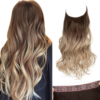 SARLA Ombre Invisible Wire Hair Extensions with 3 Clips Synthetic Wavy Curly Hairpiece Adjustable Transparent Headband for Women 16 Inch Brown to Ash Blonde